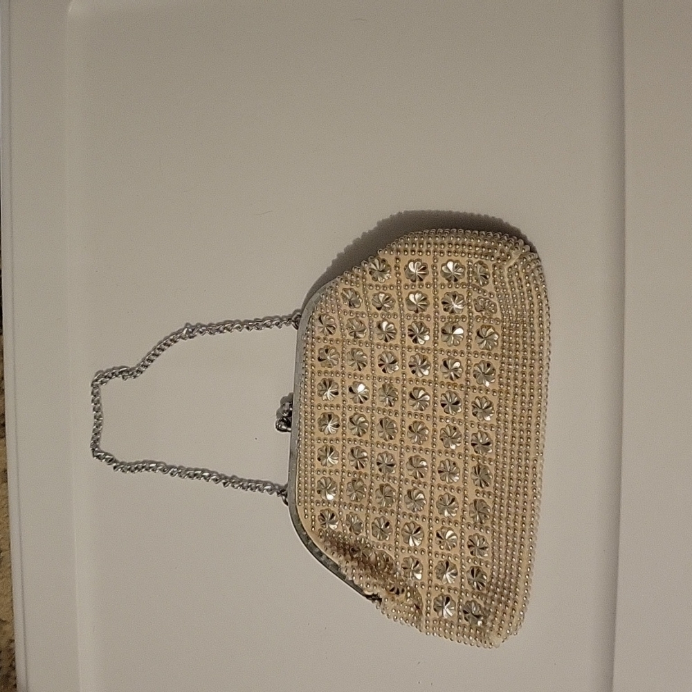 Vintage Cream Clutch with Silver Beads and Wristlet